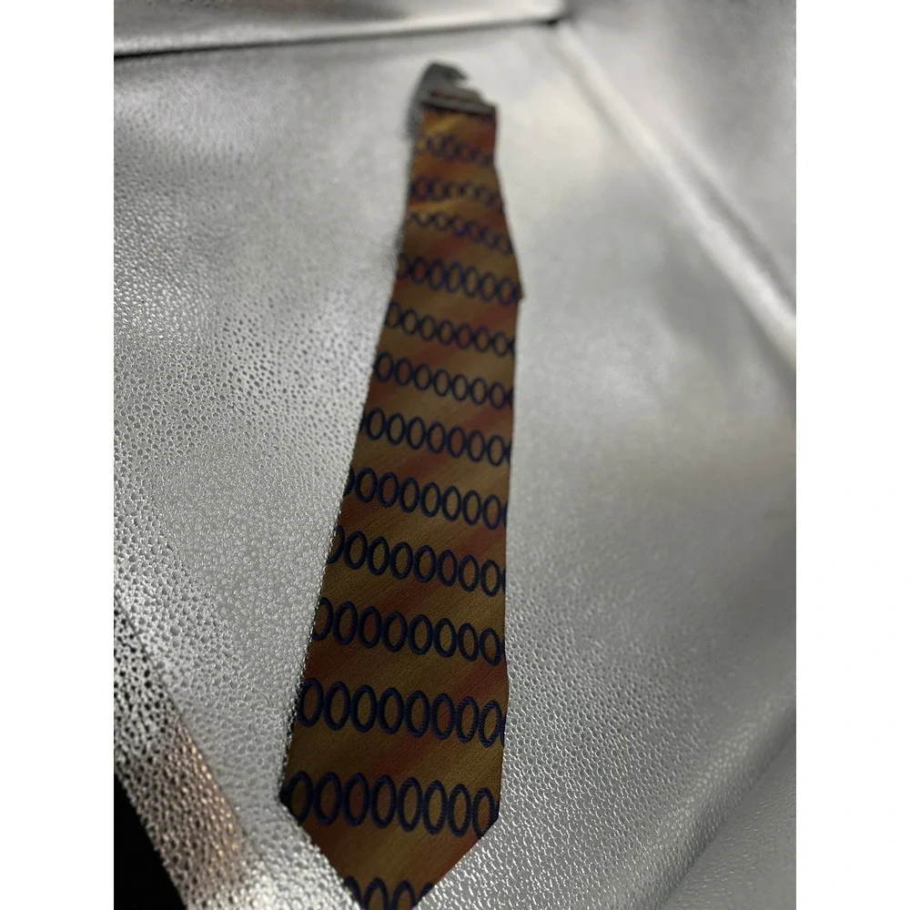 Vintage 100% Pure Silk Necktie Gold Rust Orange Navy Blue Geometric Oval Pattern
